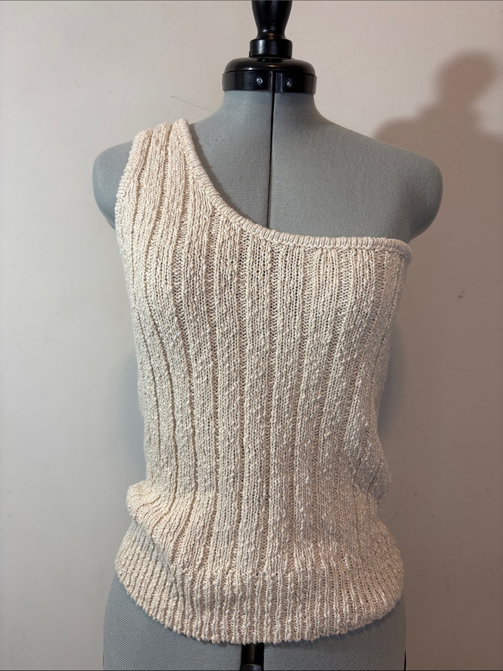 Cotton / Linen Blend Natural Fibers One Shoulder Right Side Strap Ribbed Tank M
